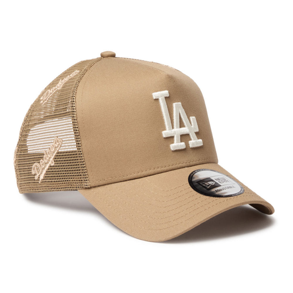 New Era Los Angeles Dodgers Embroidery Mesh Khaki 9FORTY A-Frame Trucker Snapback Cap