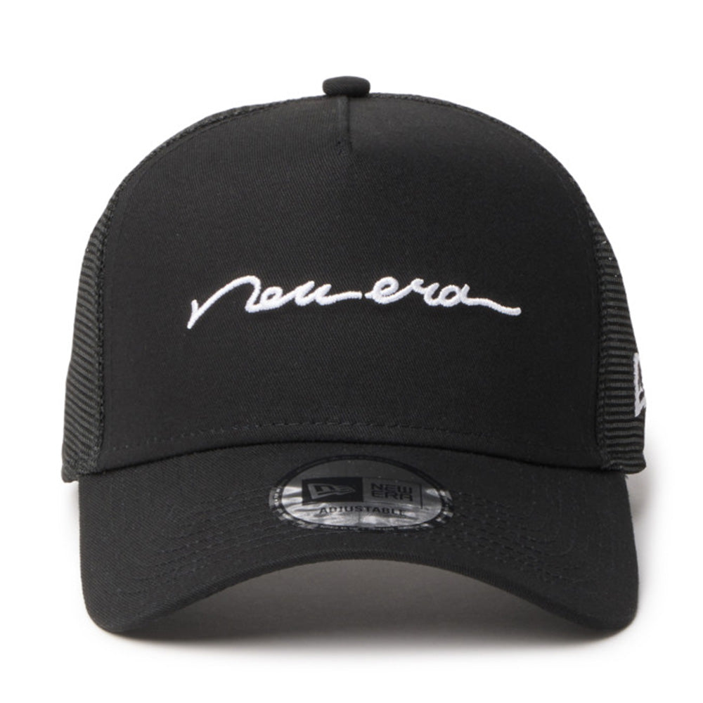 New Era Handwritten Logo Black 9FORTY A-Frame Trucker Adjustable Cap