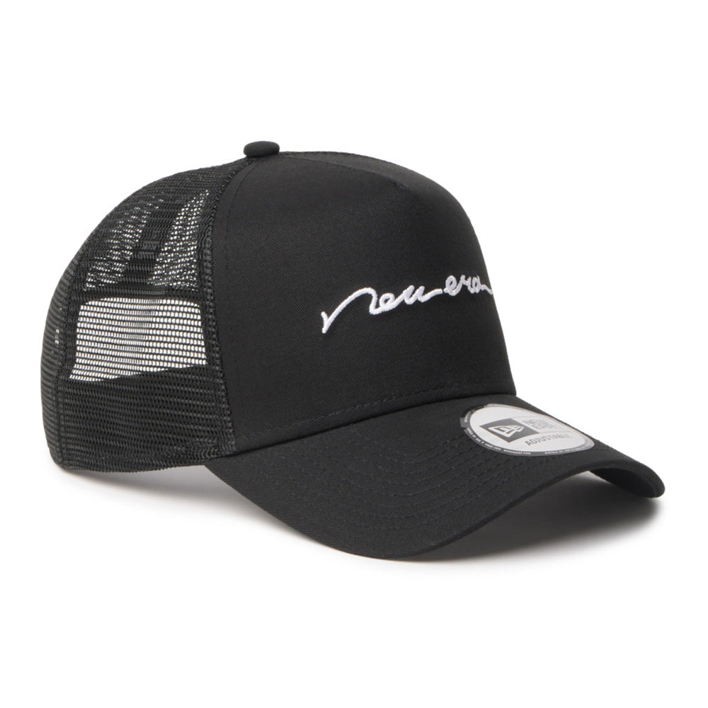 New Era Handwritten Logo Black 9FORTY A-Frame Trucker Adjustable Cap