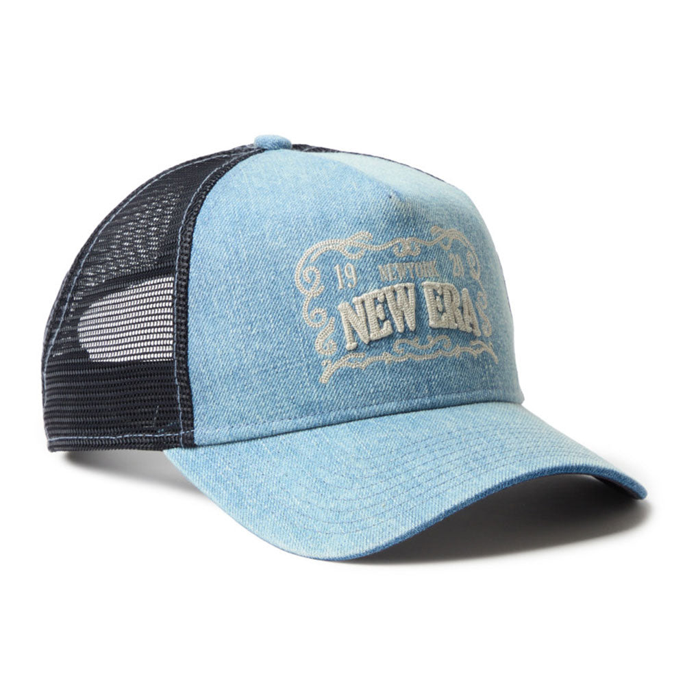 New Era Frame Logo Washed Denim 9FORTY A-Frame Trucker Snapback Cap