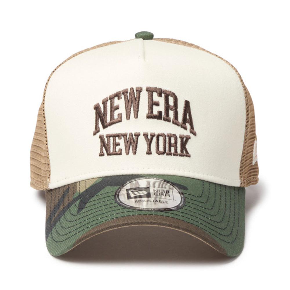 New Era Wordmark NE Collog Cream Camo Brown 9FORTY A-Frame Trucker Cap
