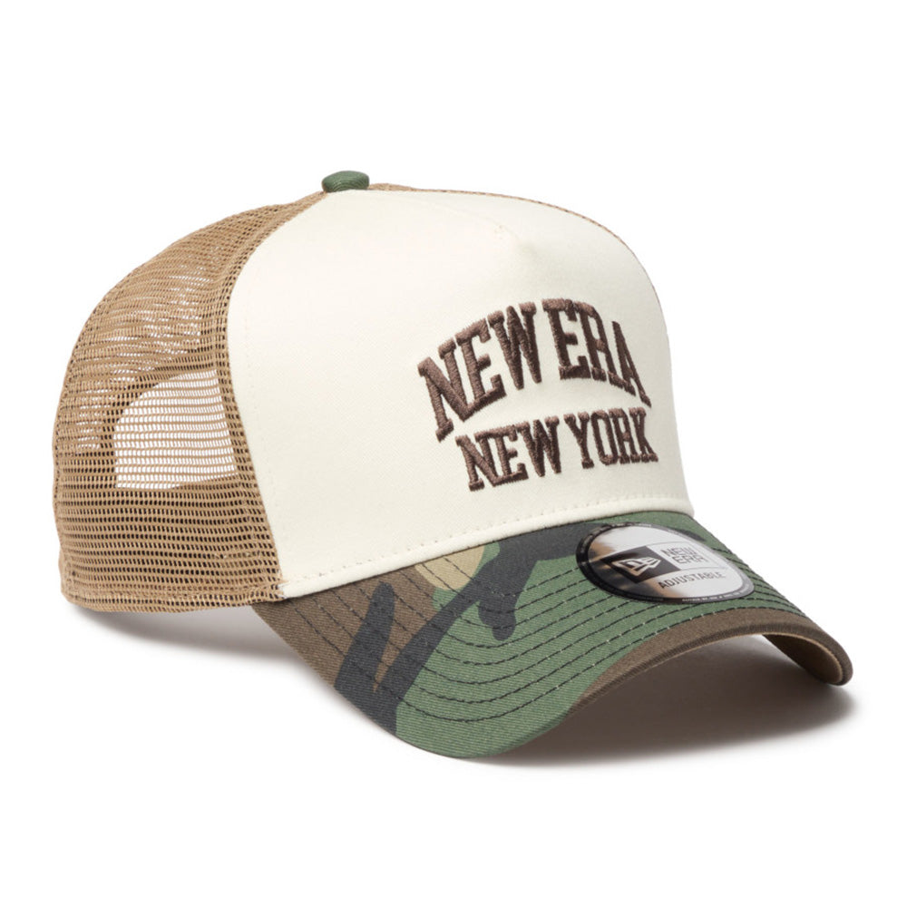 New Era Wordmark NE Collog Cream Camo Brown 9FORTY A-Frame Trucker Cap