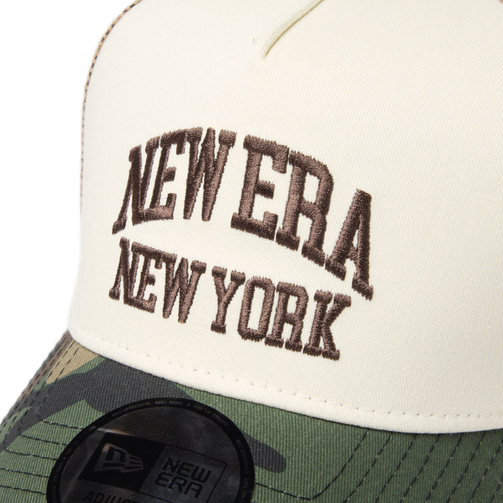 New Era Wordmark NE Collog Cream Camo Brown 9FORTY A-Frame Trucker Cap