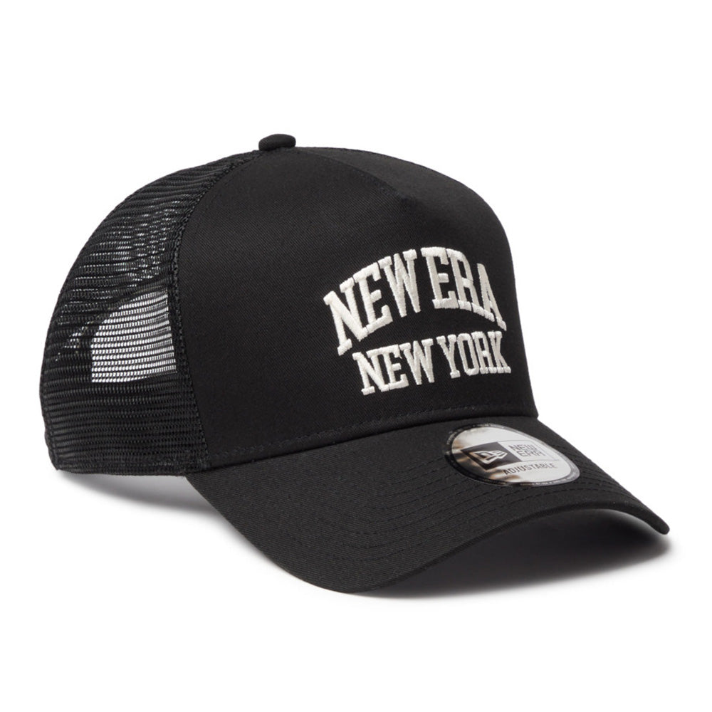 New Era Wordmark NE Collog Black 9FORTY A-Frame Trucker Cap