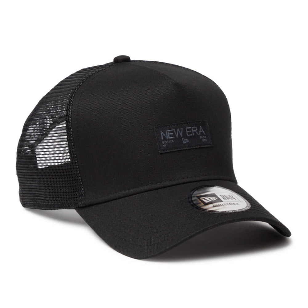 New Era Black Wordmark Metal Flag Black 9FORTY A-Frame Trucker Snapback Cap