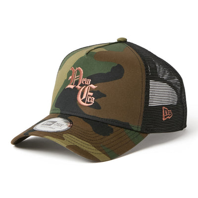 New Era NE Old English Logo Camo 9FORTY A-Frame Trucker Snapback Cap