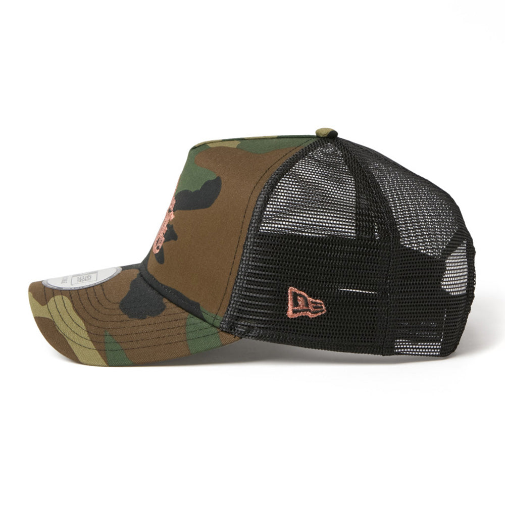 New Era NE Old English Logo Camo 9FORTY A-Frame Trucker Snapback Cap