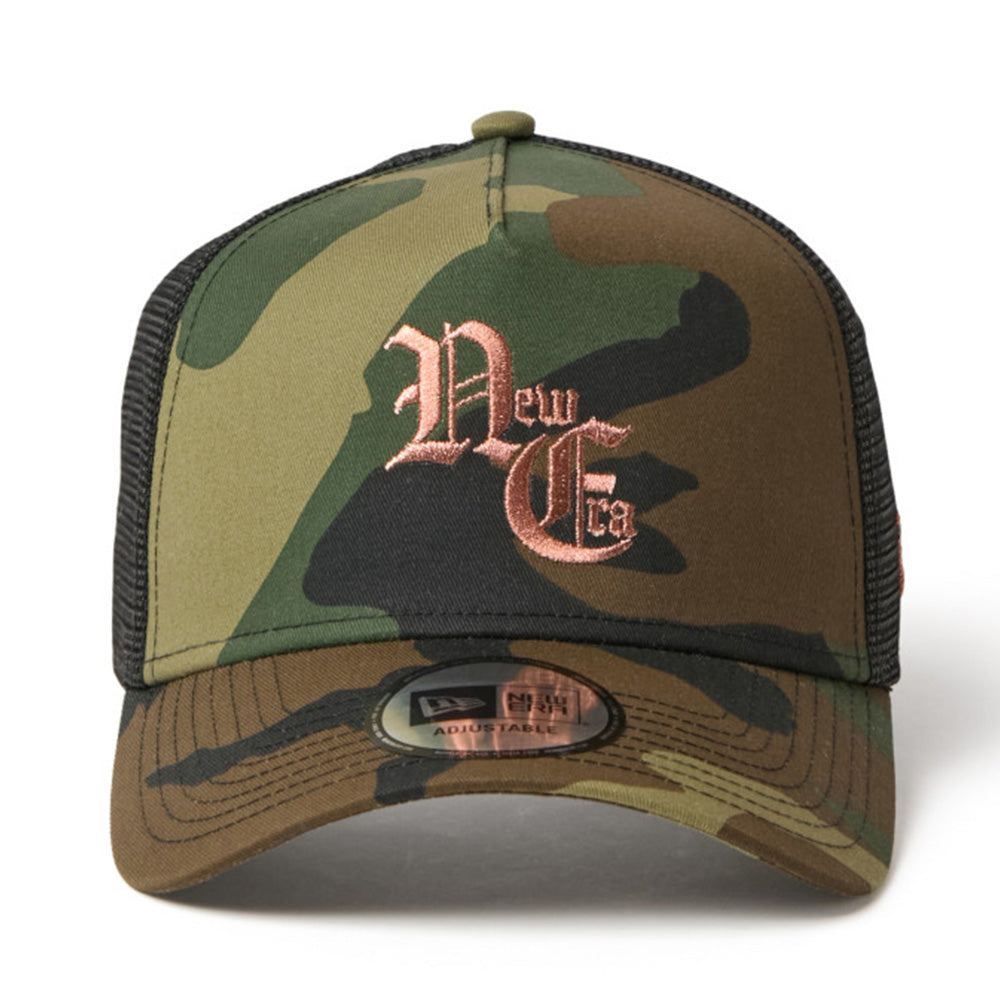 New Era NE Old English Logo Camo 9FORTY A-Frame Trucker Snapback Cap