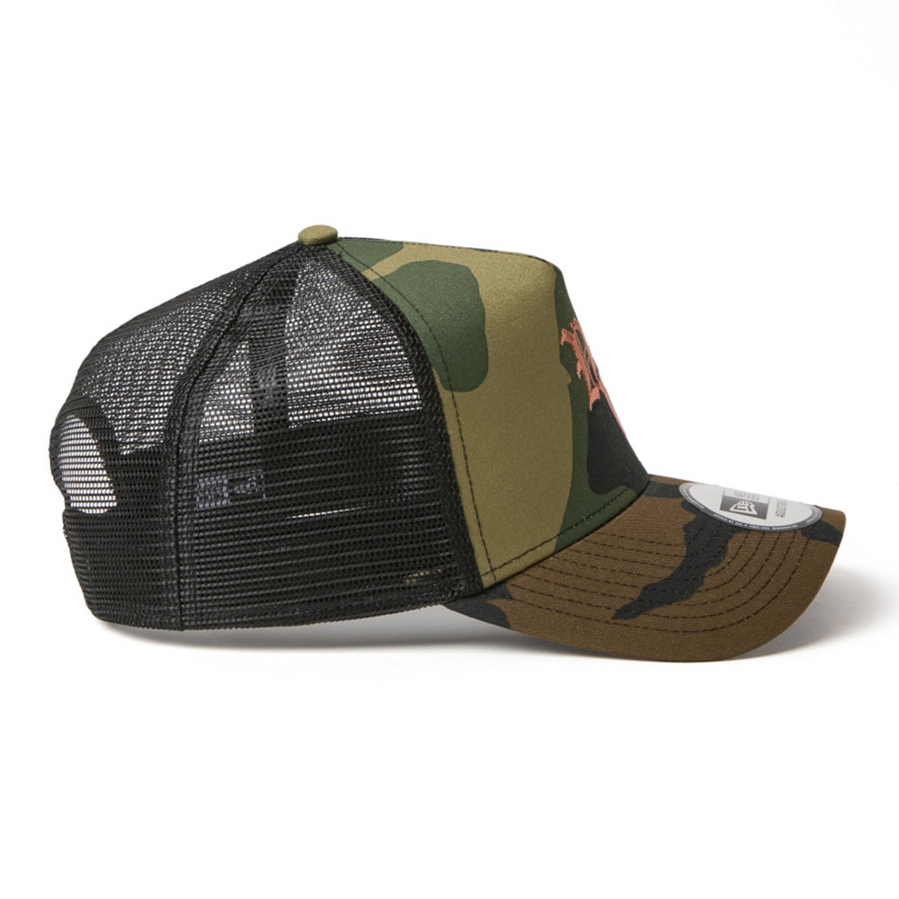 New Era NE Old English Logo Camo 9FORTY A-Frame Trucker Snapback Cap