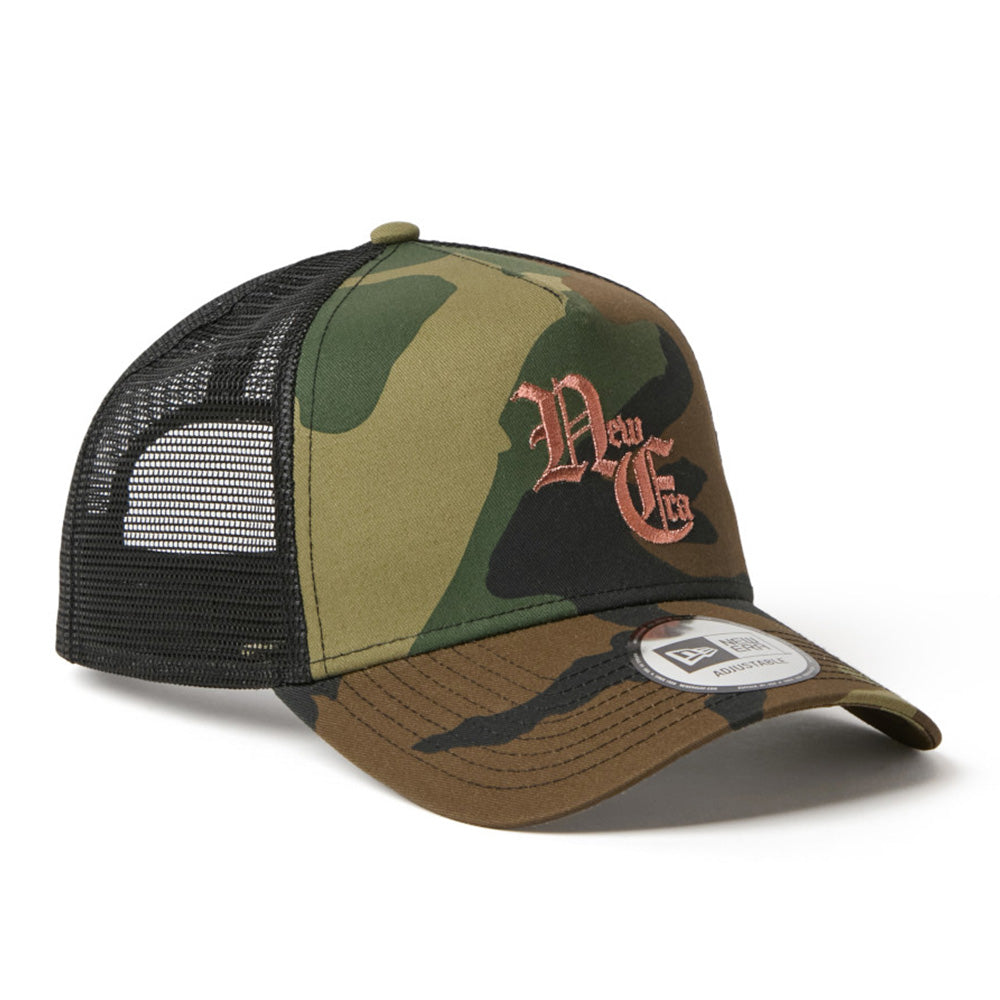 New Era NE Old English Logo Camo 9FORTY A-Frame Trucker Snapback Cap