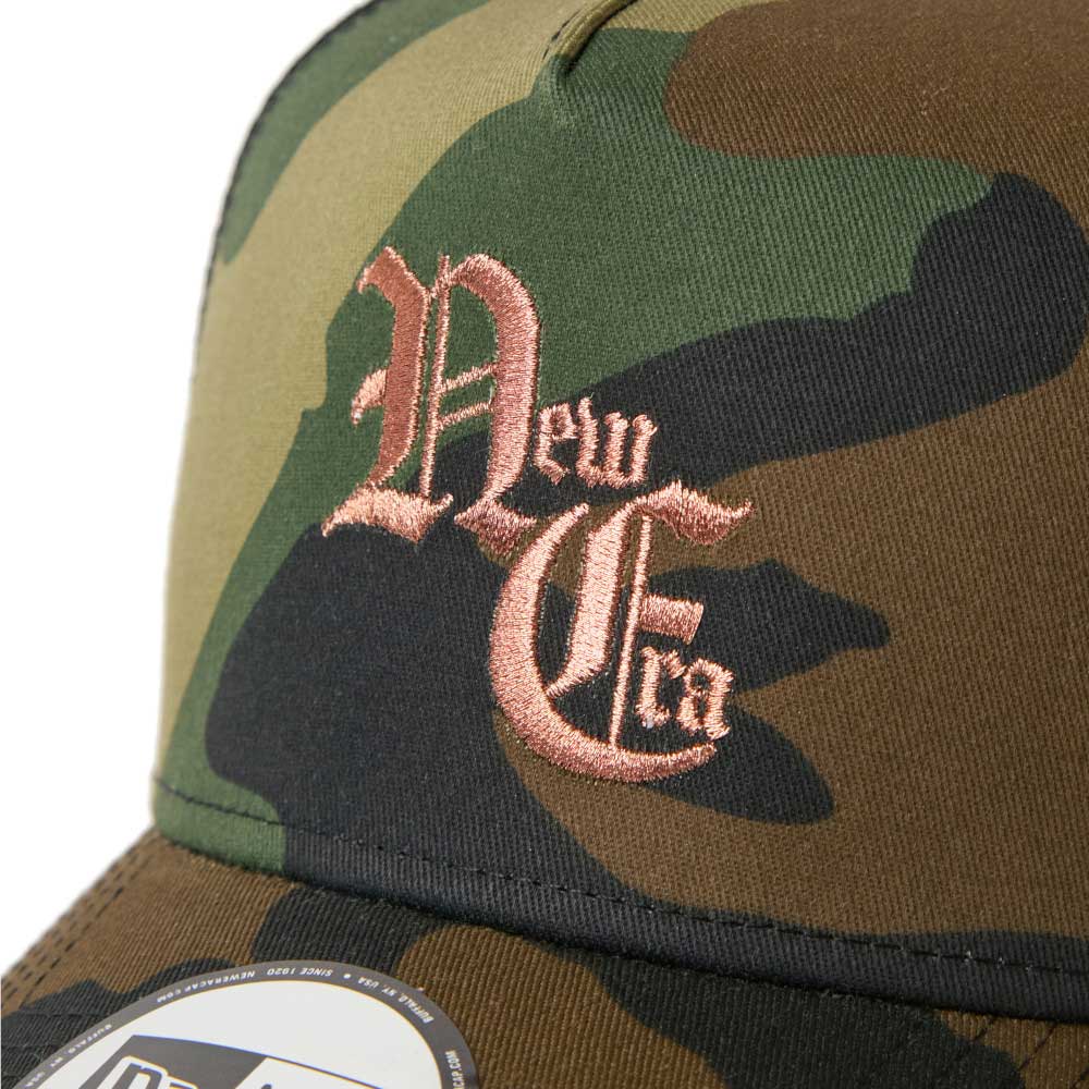 New Era NE Old English Logo Camo 9FORTY A-Frame Trucker Snapback Cap