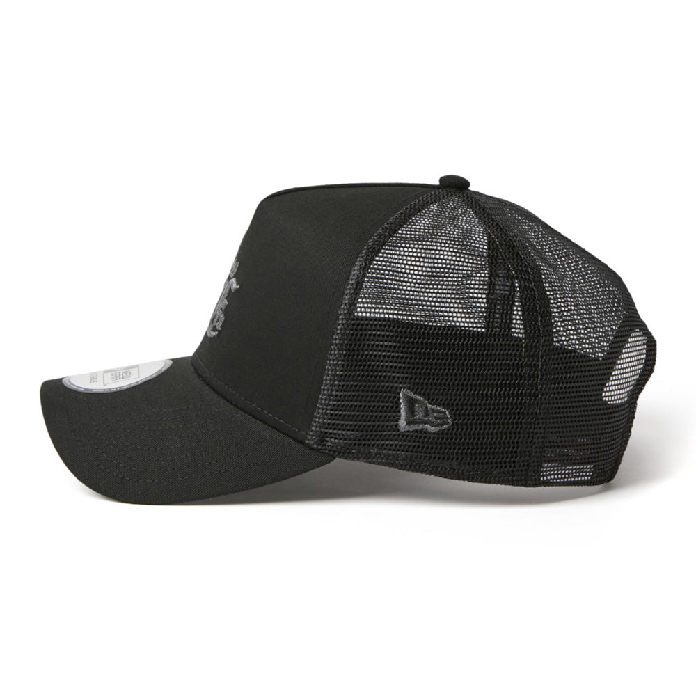 New Era NE Old English Logo Black White 9FORTY A-Frame Trucker Snapback Cap