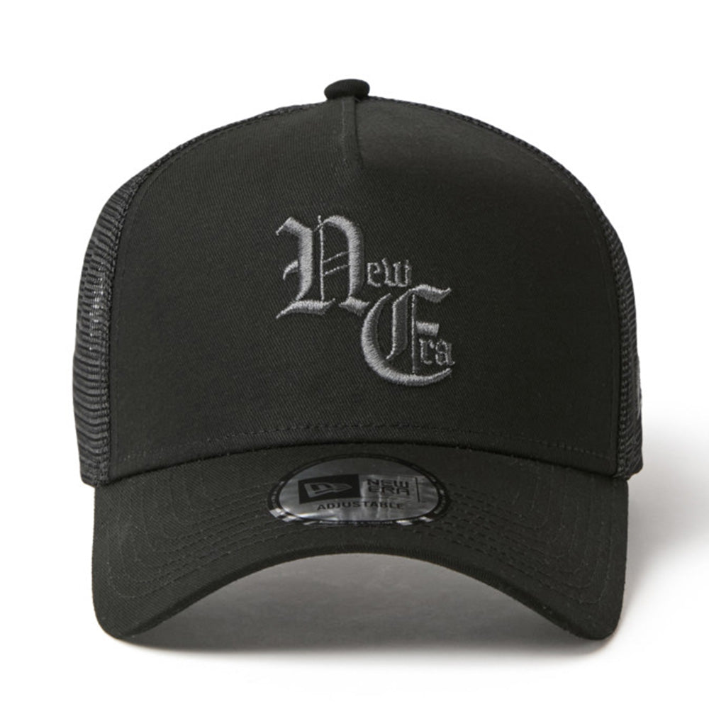 New Era NE Old English Logo Black White 9FORTY A-Frame Trucker Snapback Cap