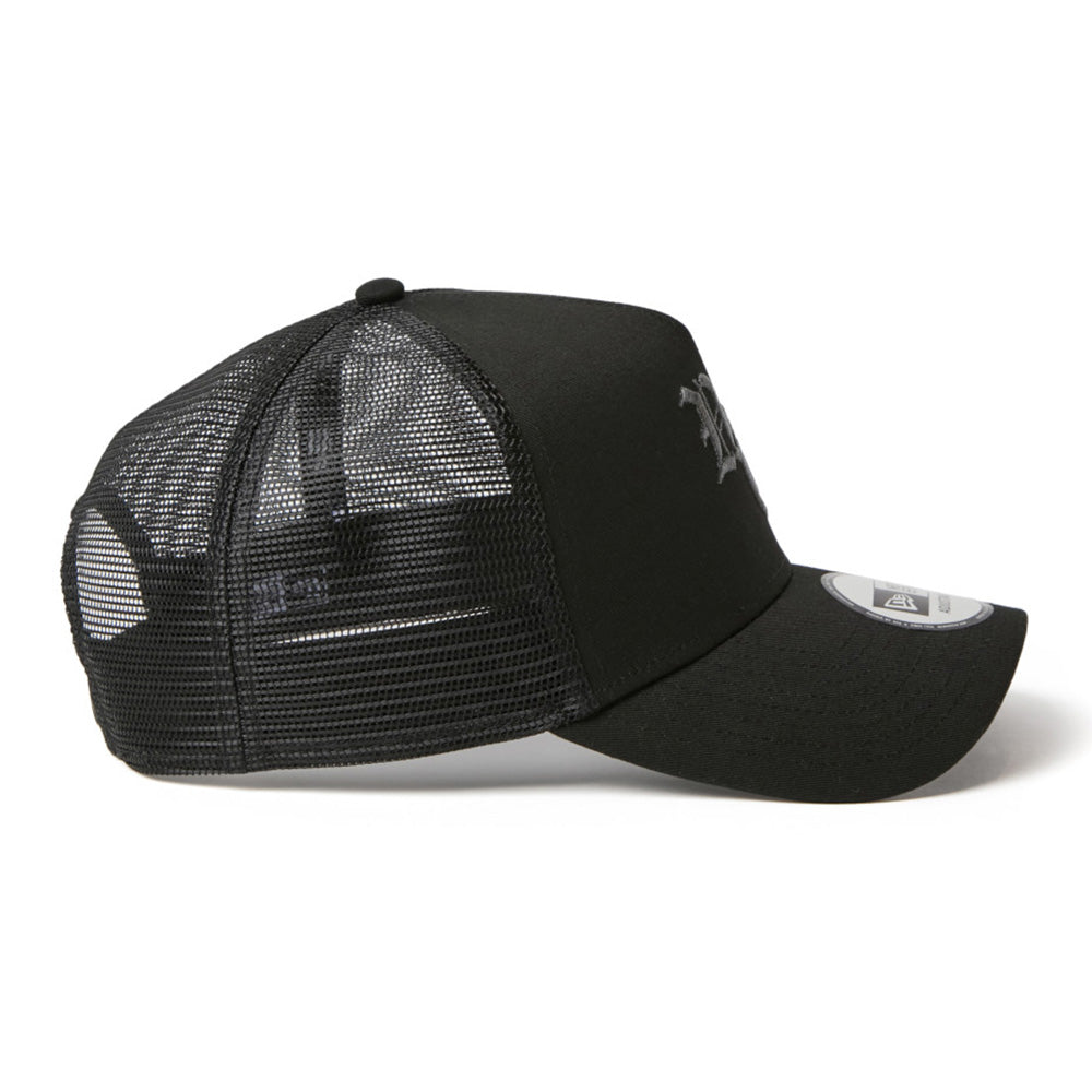 New Era NE Old English Logo Black White 9FORTY A-Frame Trucker Snapback Cap