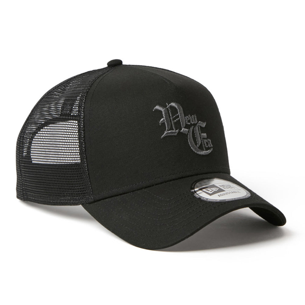 New Era NE Old English Logo Black White 9FORTY A-Frame Trucker Snapback Cap