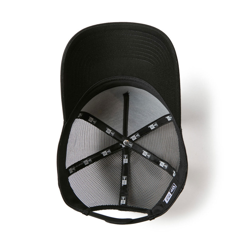New Era NE Old English Logo Black White 9FORTY A-Frame Trucker Snapback Cap