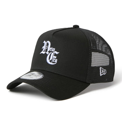 New Era NE Old English Logo Black 9FORTY A-Frame Trucker Snapback Cap