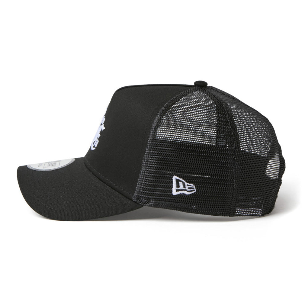 New Era NE Old English Logo Black 9FORTY A-Frame Trucker Snapback Cap