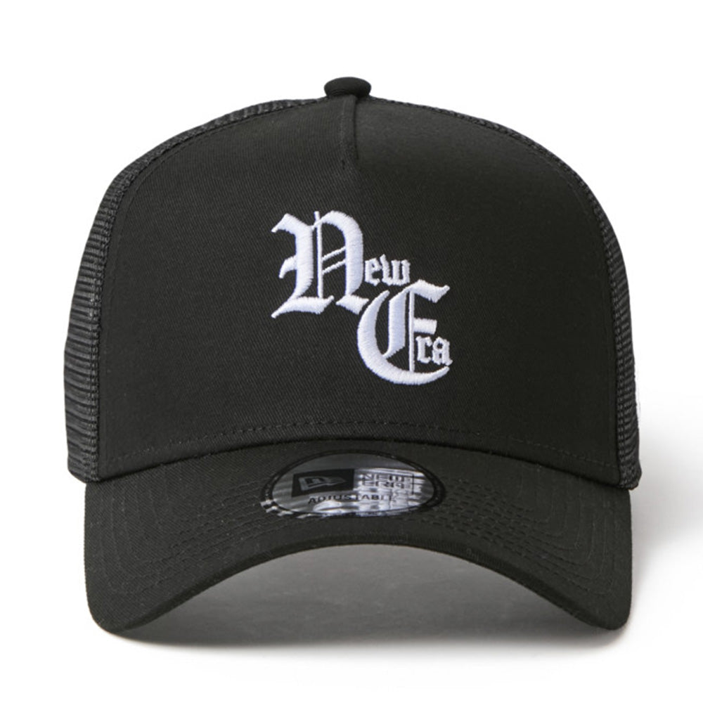 New Era NE Old English Logo Black 9FORTY A-Frame Trucker Snapback Cap