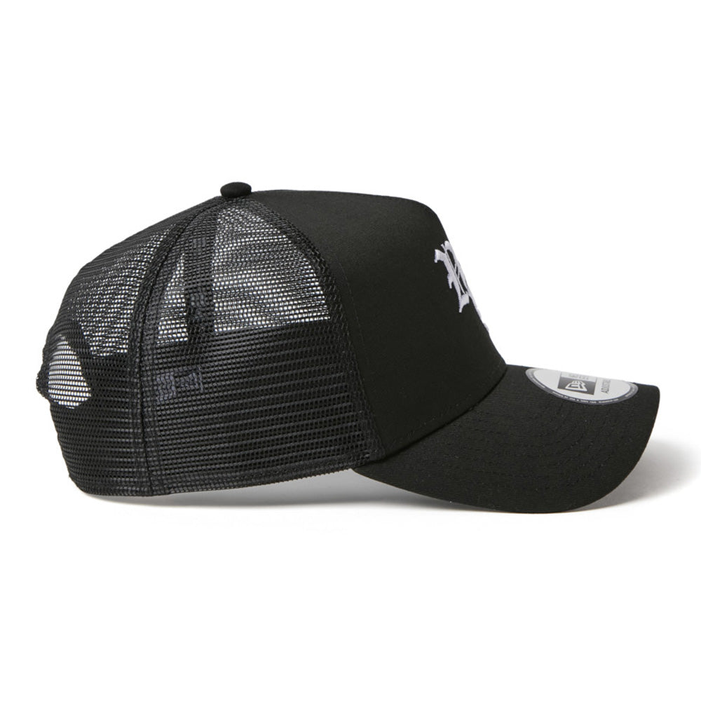 New Era NE Old English Logo Black 9FORTY A-Frame Trucker Snapback Cap