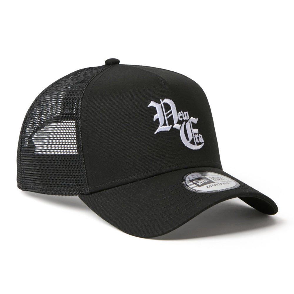 New Era NE Old English Logo Black 9FORTY A-Frame Trucker Snapback Cap