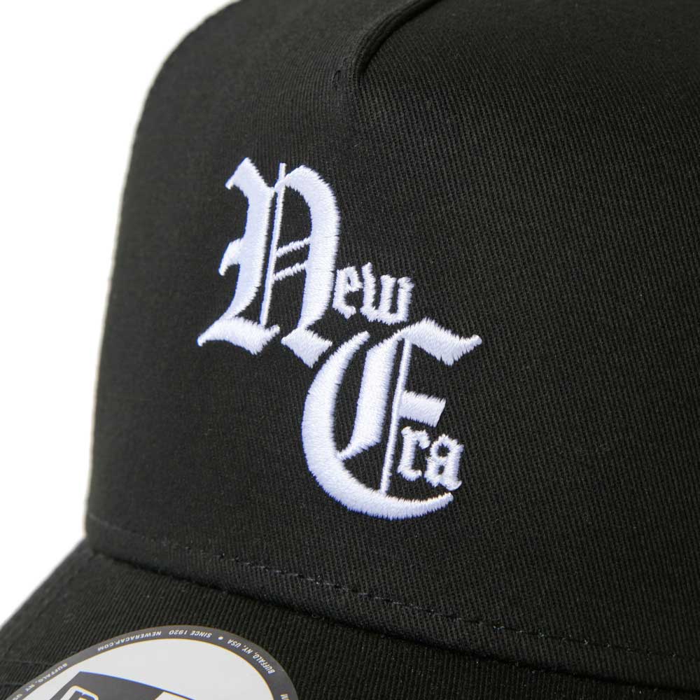 New Era NE Old English Logo Black 9FORTY A-Frame Trucker Snapback Cap