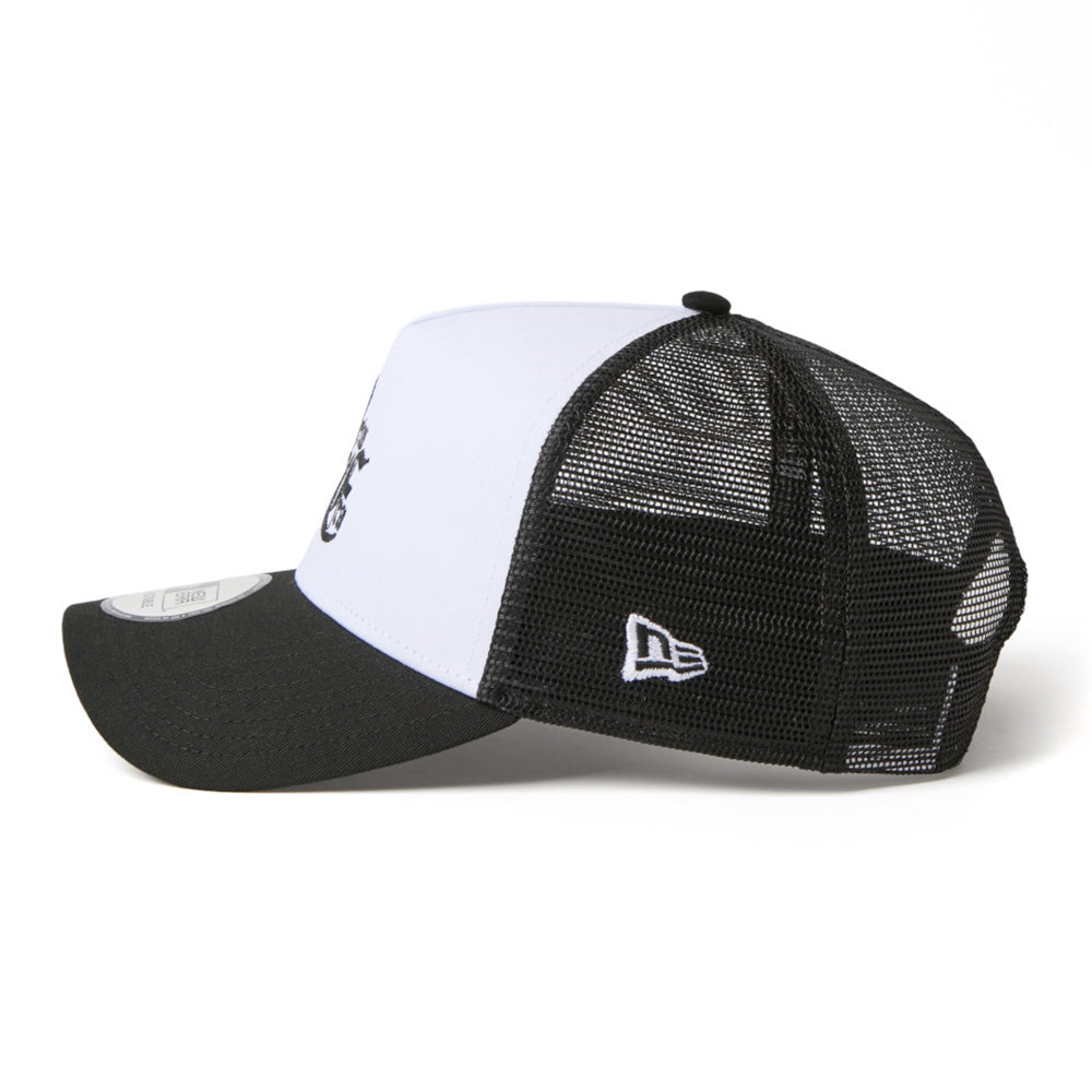 New Era NE Old English Logo White Black 9FORTY A-Frame Trucker Snapback Cap