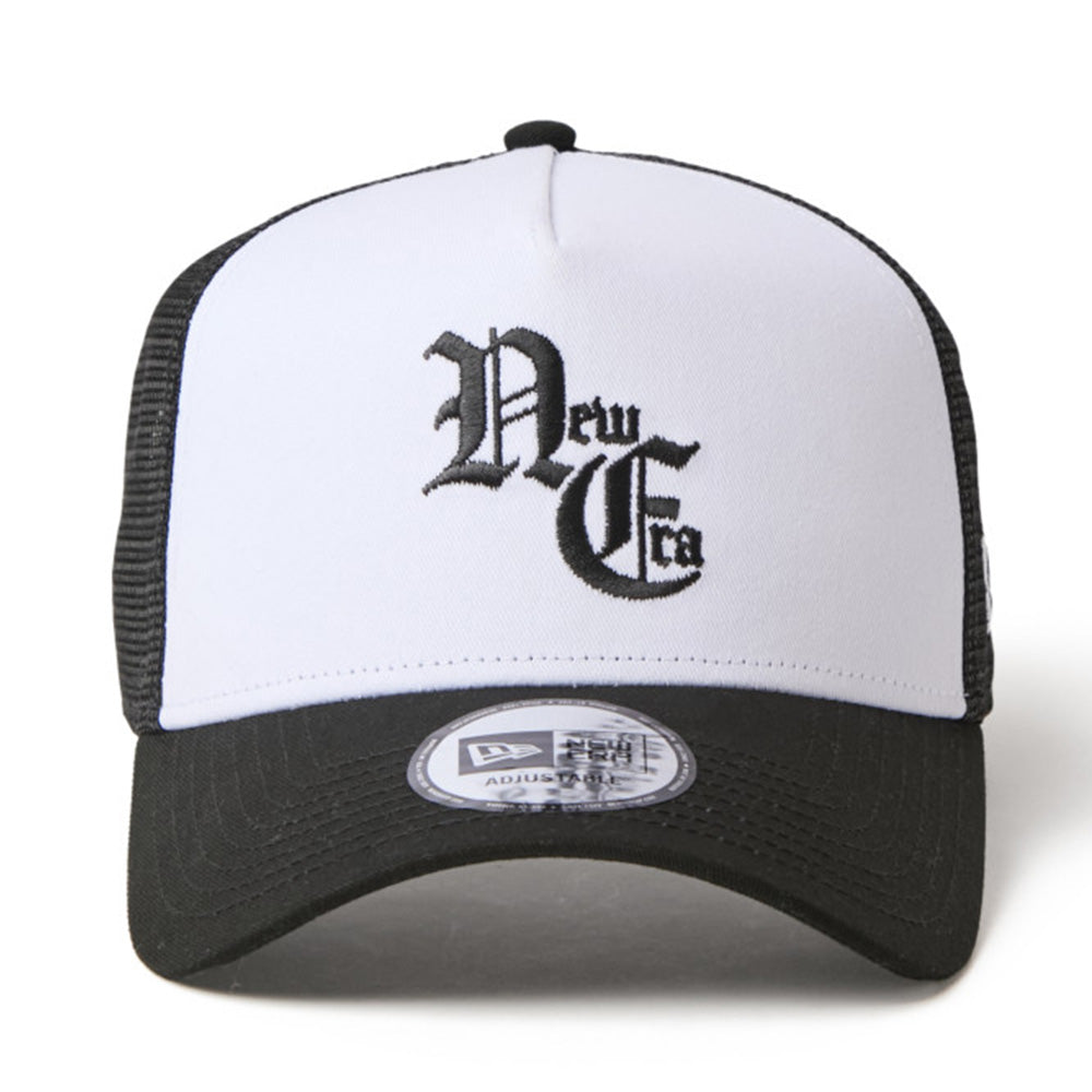 New Era NE Old English Logo White Black 9FORTY A-Frame Trucker Snapback Cap