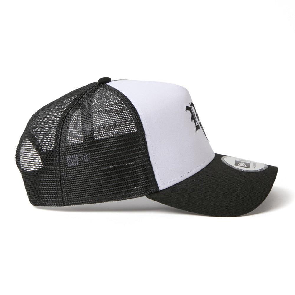 New Era NE Old English Logo White Black 9FORTY A-Frame Trucker Snapback Cap