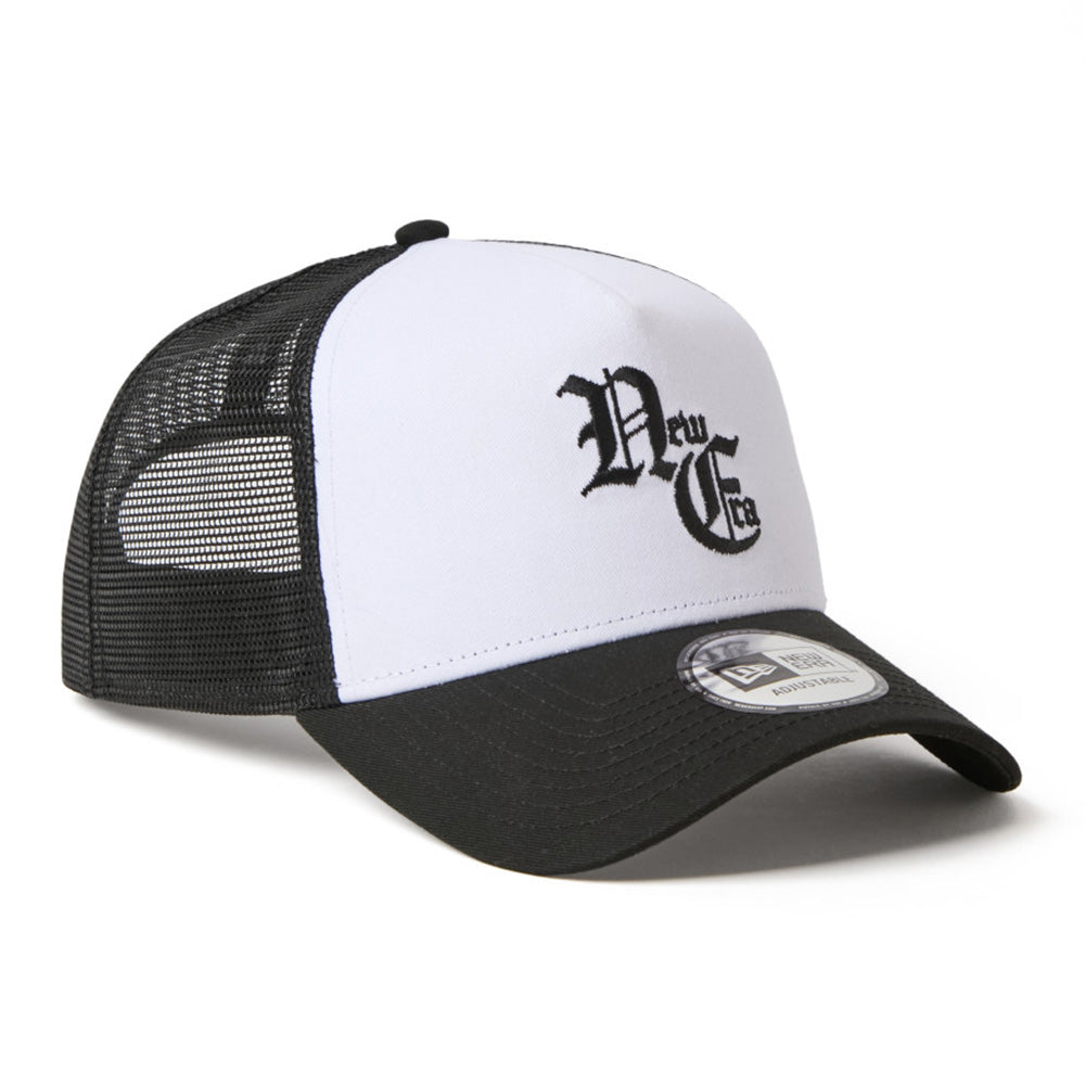 New Era NE Old English Logo White Black 9FORTY A-Frame Trucker Snapback Cap