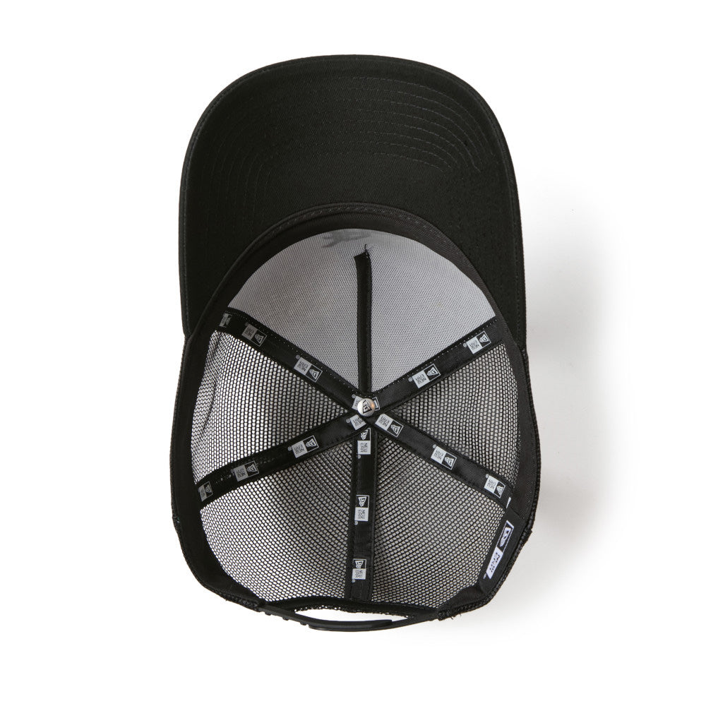 New Era NE Old English Logo White Black 9FORTY A-Frame Trucker Snapback Cap