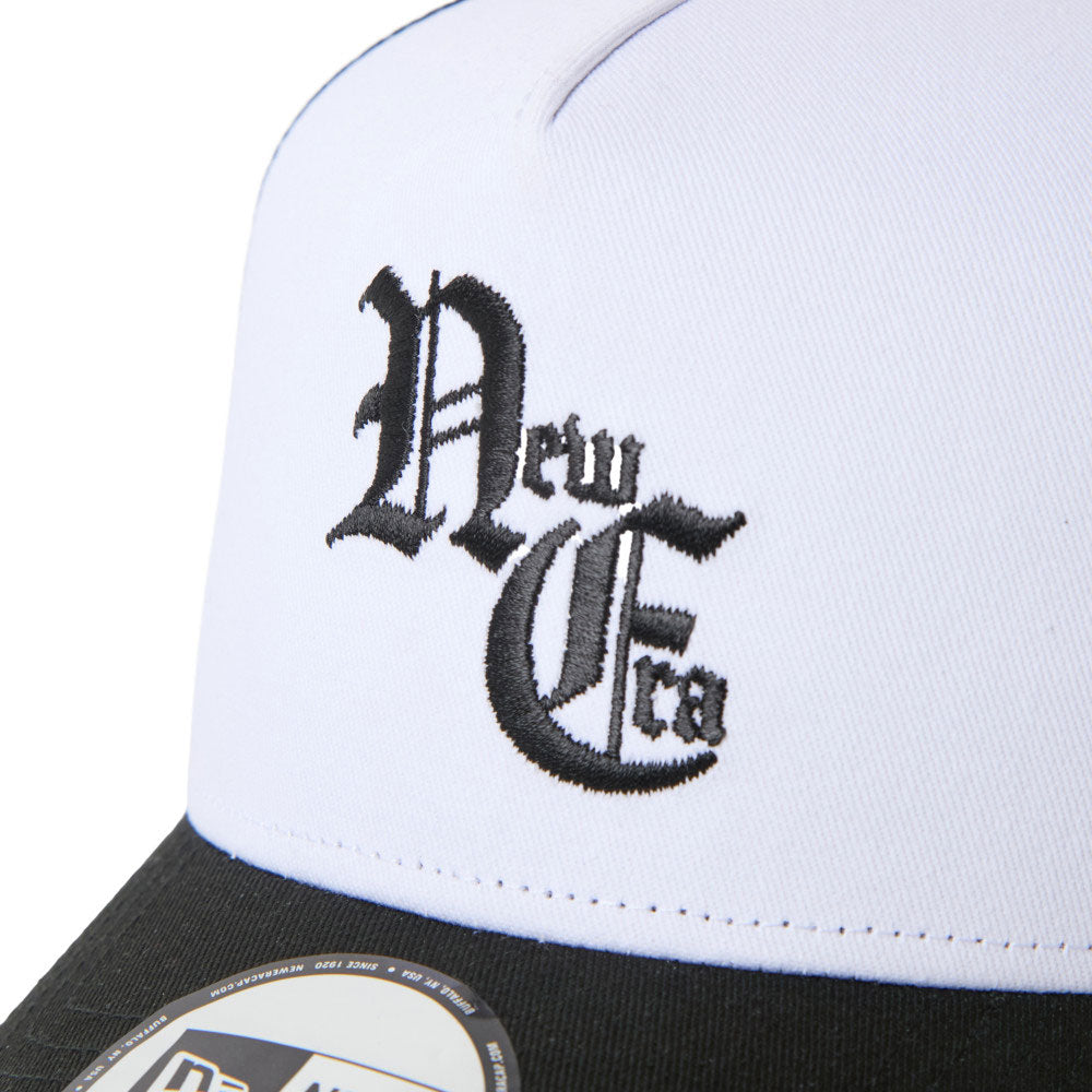 New Era NE Old English Logo White Black 9FORTY A-Frame Trucker Snapback Cap