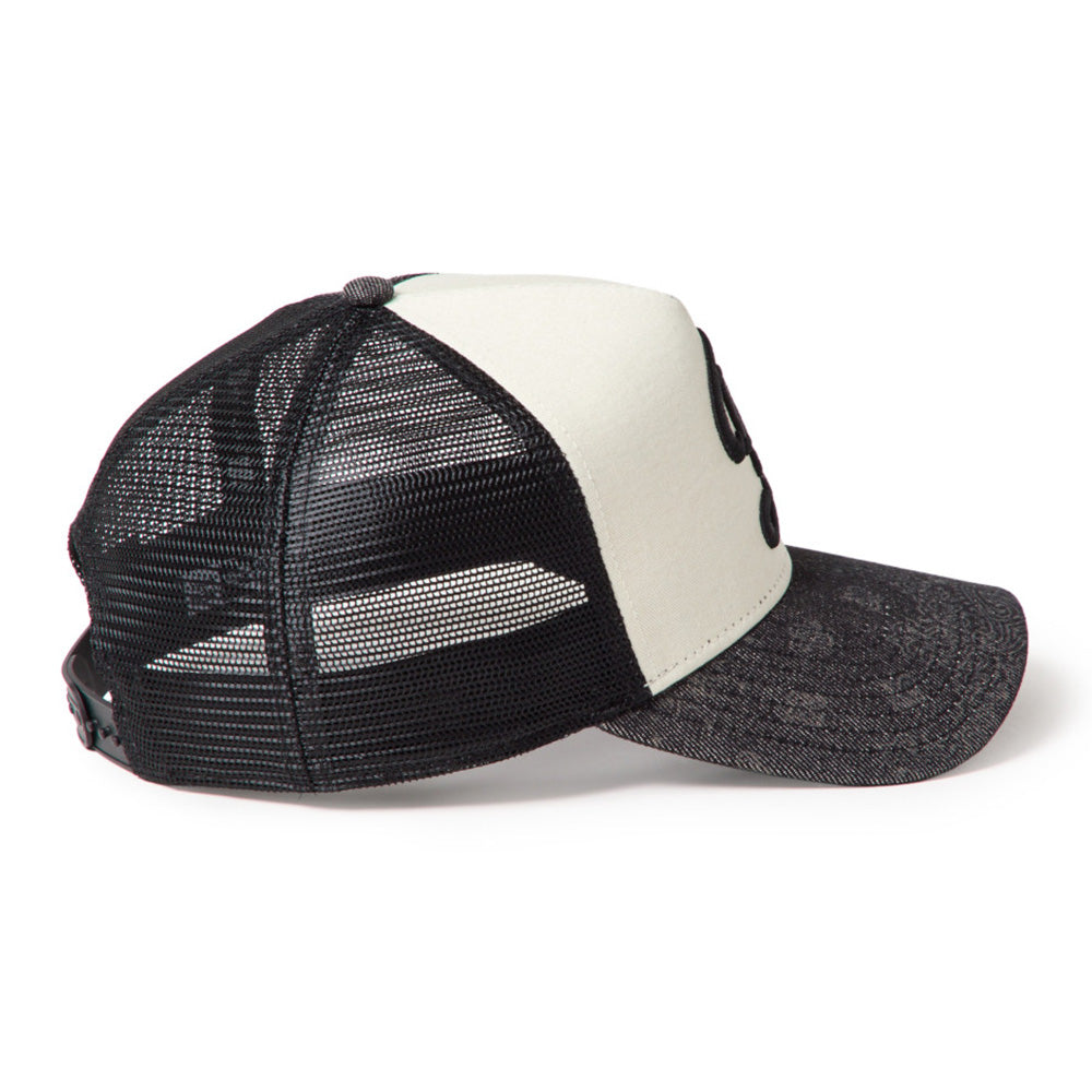 New Era Los Angeles Dodgers City Connect Laser Burn Out Denim White Black 9FORTY A-Frame Trucker Snapback Cap