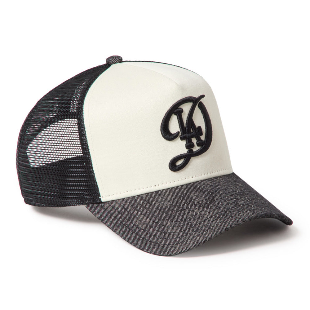 New Era Los Angeles Dodgers City Connect Laser Burn Out Denim White Black 9FORTY A-Frame Trucker Snapback Cap