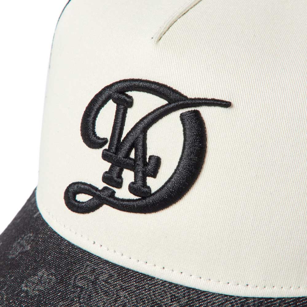 New Era Los Angeles Dodgers City Connect Laser Burn Out Denim White Black 9FORTY A-Frame Trucker Snapback Cap