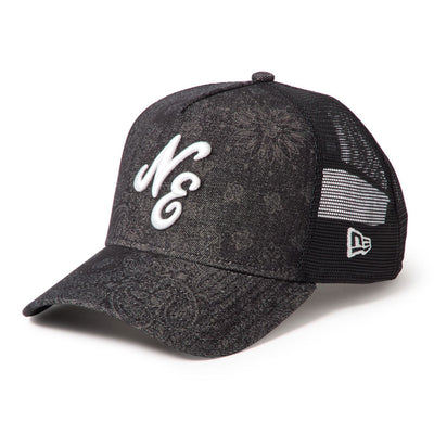 New Era NE Script Laser Burn Out Denim Black 9FORTY A-Frame Trucker Snapback Cap