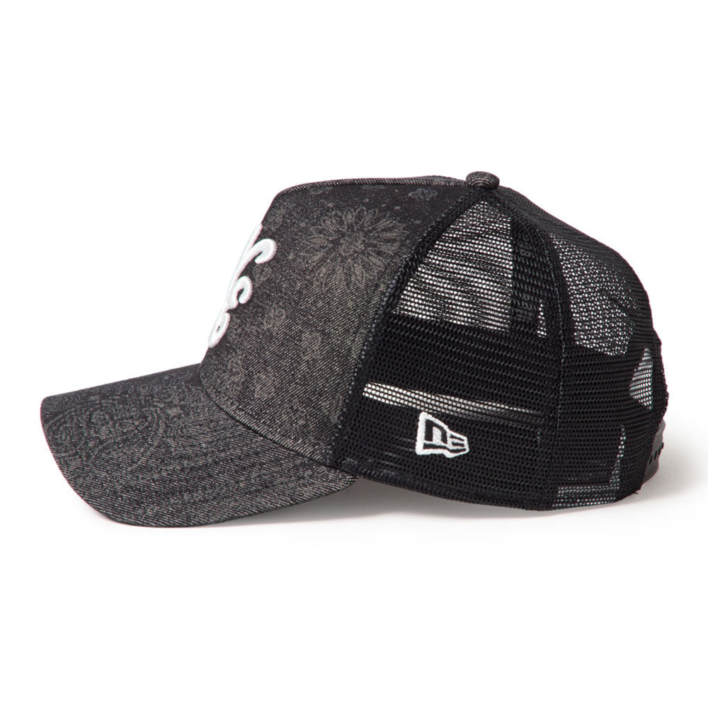 New Era NE Script Laser Burn Out Denim Black 9FORTY A-Frame Trucker Snapback Cap
