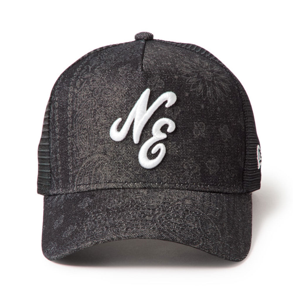 New Era NE Script Laser Burn Out Denim Black 9FORTY A-Frame Trucker Snapback Cap