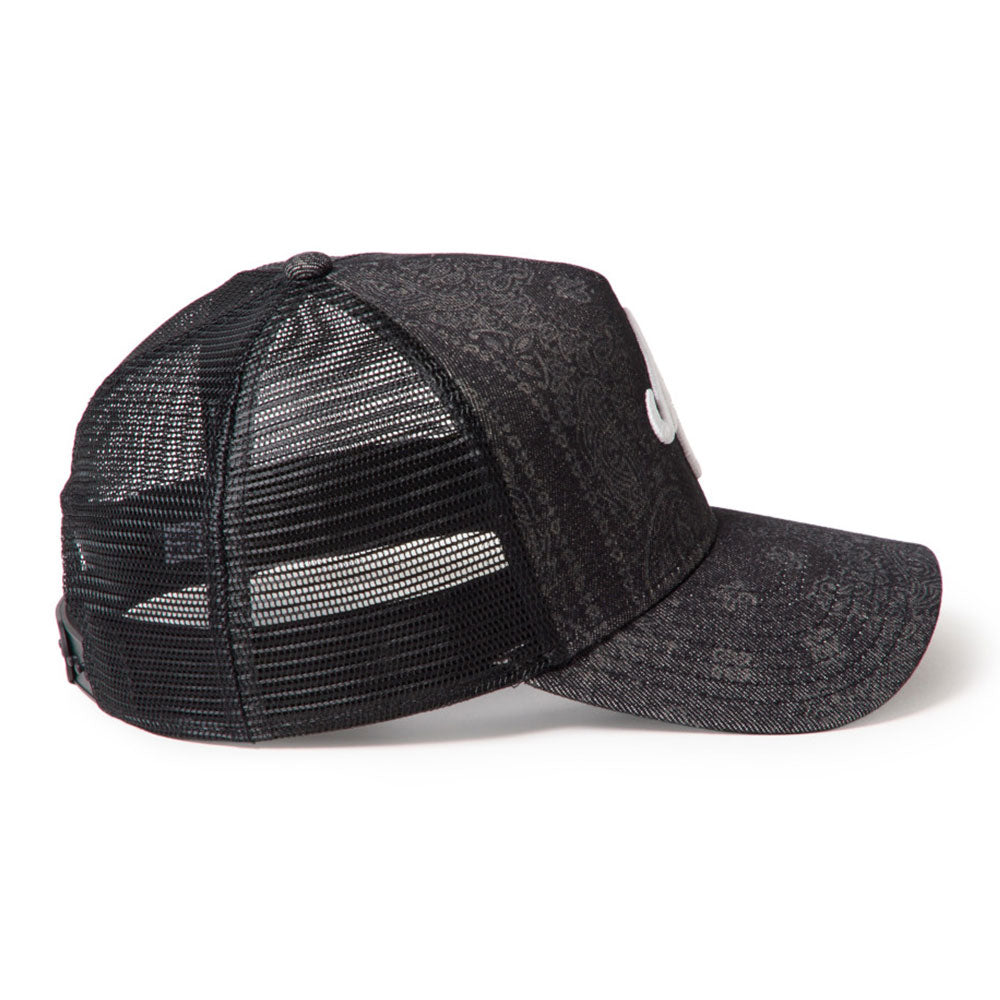New Era NE Script Laser Burn Out Denim Black 9FORTY A-Frame Trucker Snapback Cap