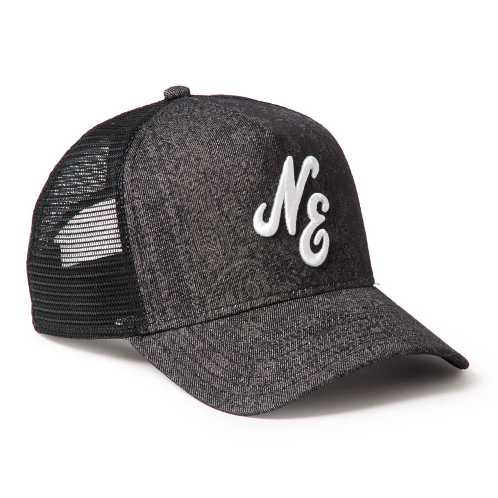 New Era NE Script Laser Burn Out Denim Black 9FORTY A-Frame Trucker Snapback Cap