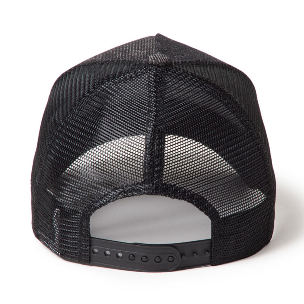 New Era NE Script Laser Burn Out Denim Black 9FORTY A-Frame Trucker Snapback Cap
