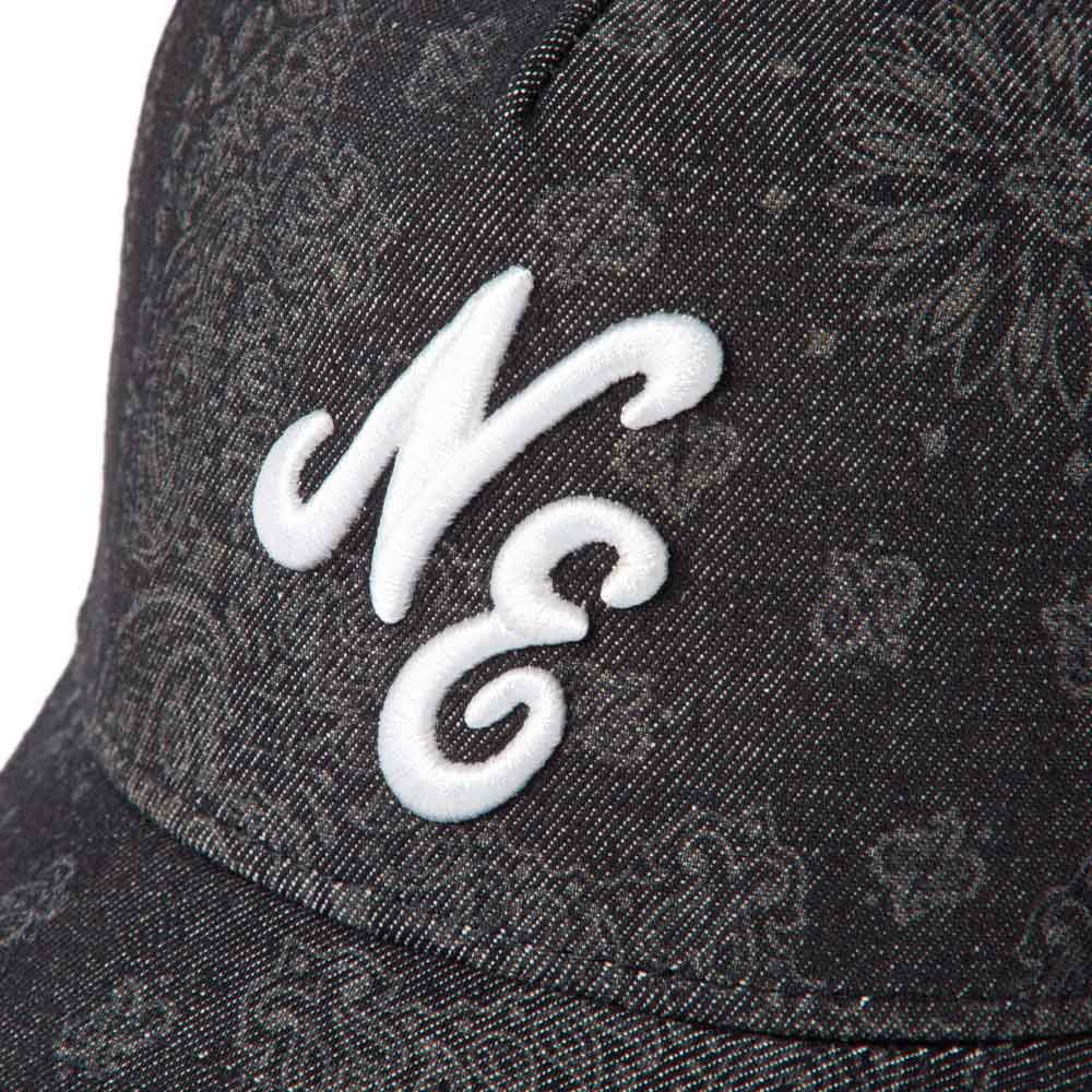 New Era NE Script Laser Burn Out Denim Black 9FORTY A-Frame Trucker Snapback Cap