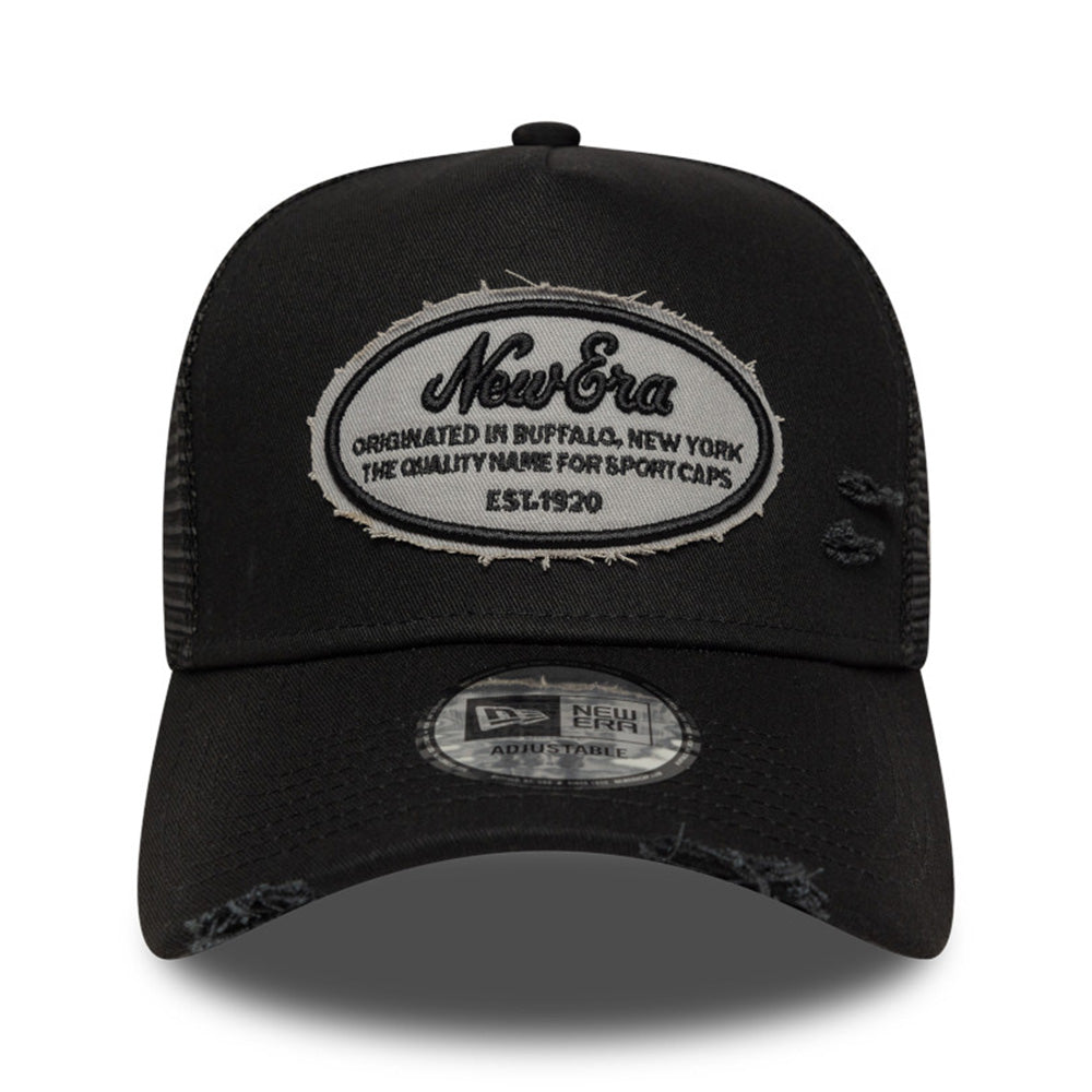 New Era Oval Logo Canvas Distress Black 9FORTY E-Frame Trucker Snapback Cap