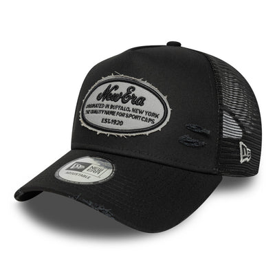 New Era Oval Logo Canvas Distress Black 9FORTY E-Frame Trucker Snapback Cap