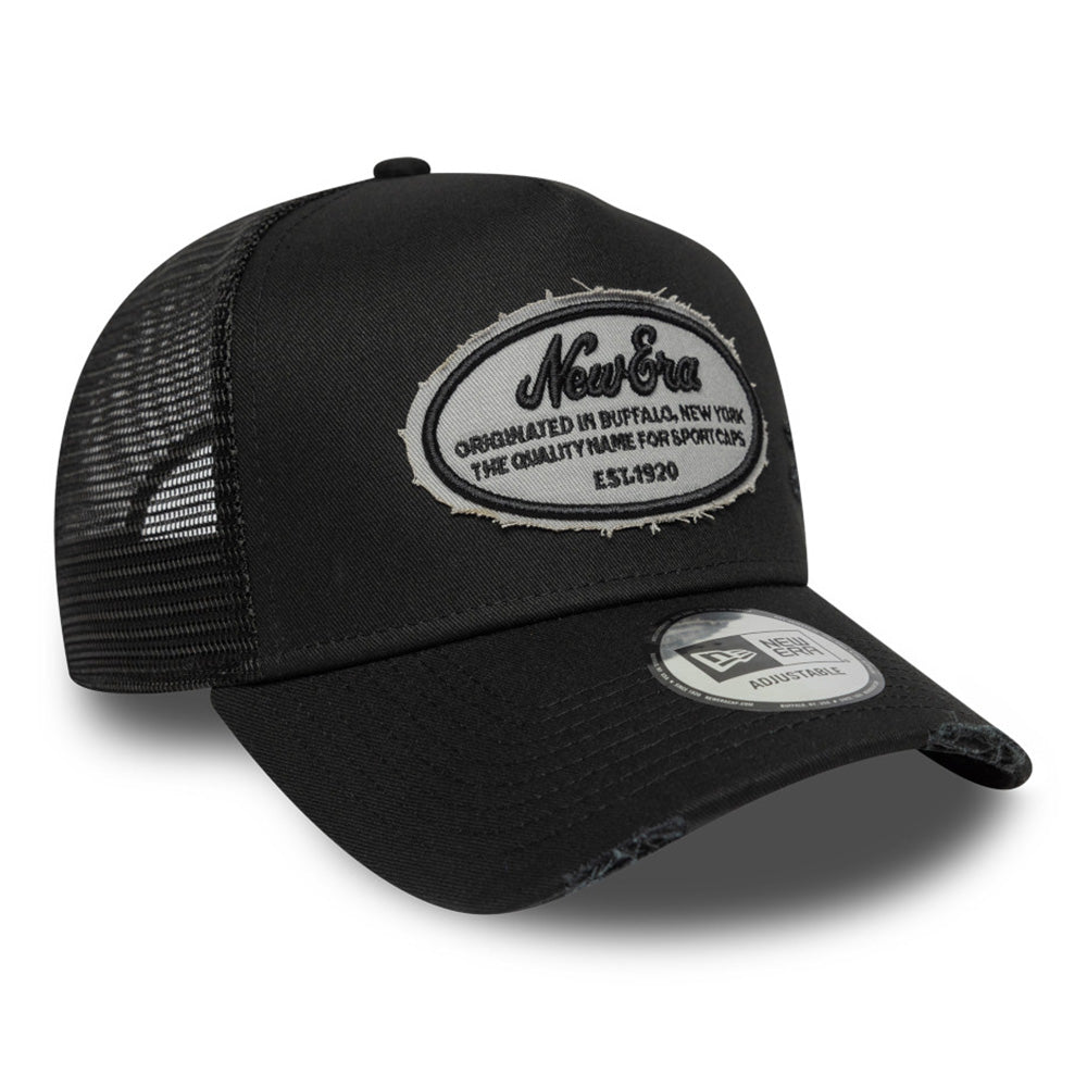 New Era Oval Logo Canvas Distress Black 9FORTY E-Frame Trucker Snapback Cap