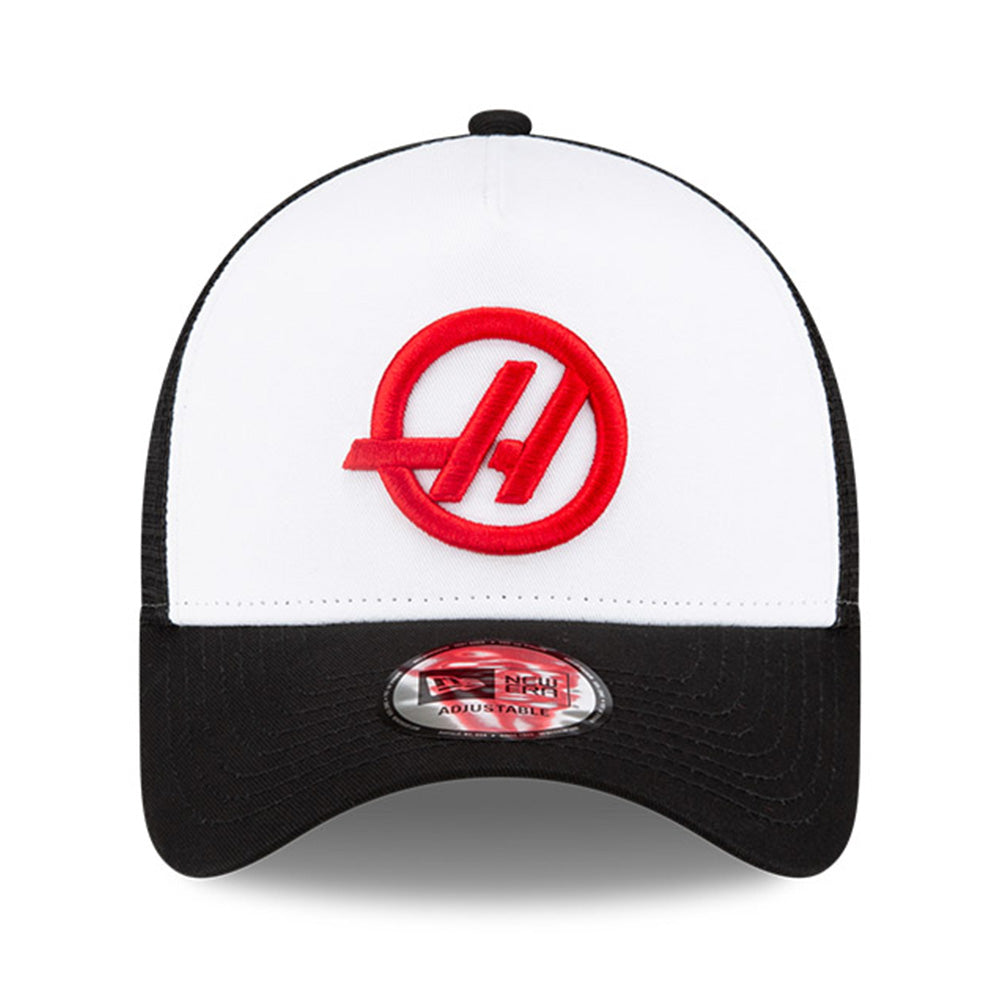 New Era MoneyGram Haas F1 Team White Black 9FORTY A-Frame Trucker Snapback Cap