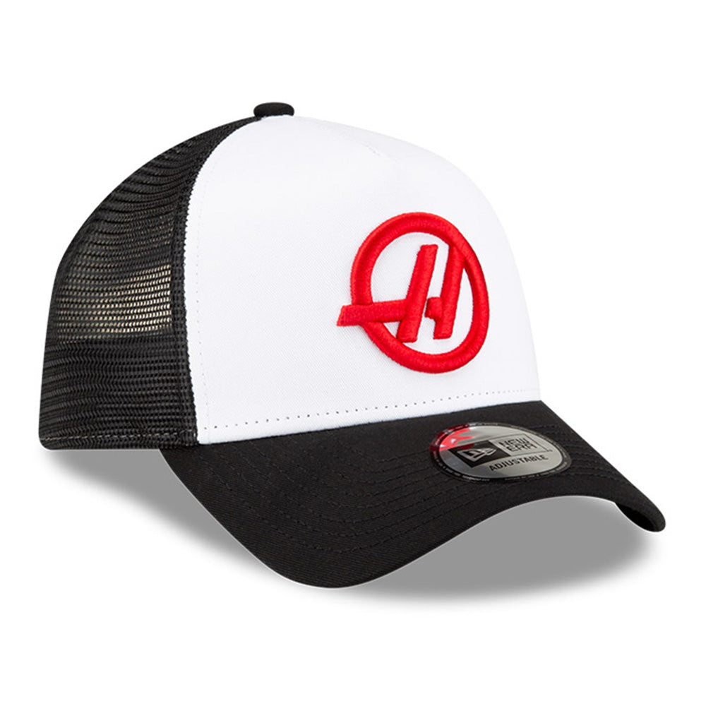 New Era MoneyGram Haas F1 Team White Black 9FORTY A-Frame Trucker Snapback Cap