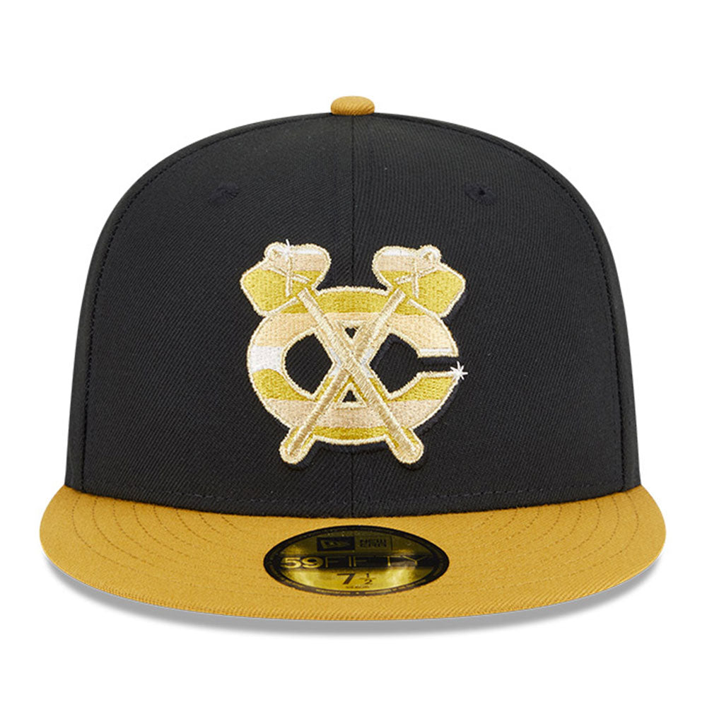 New Era Chicago Black Hawks Gold Logo NHL 2025 59FIFTY Day Black Gold 59FIFTY Fitted Cap