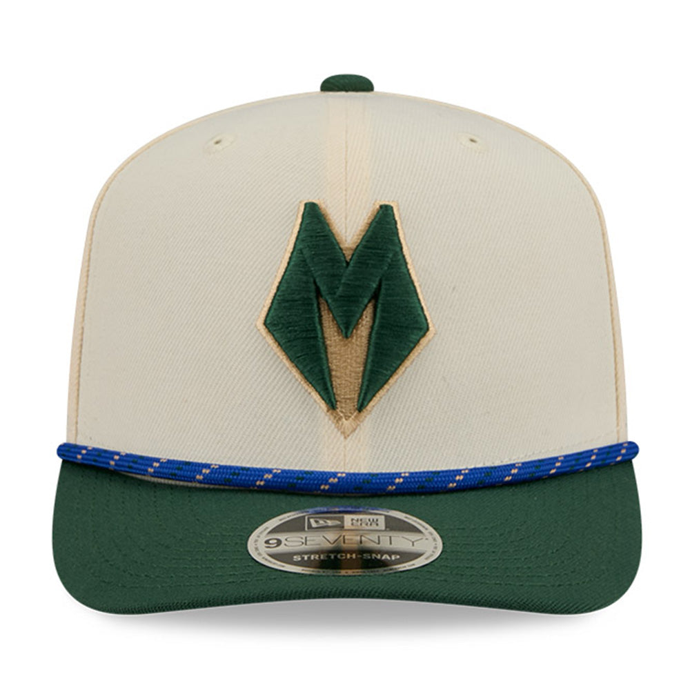New Era Milwaukee Bucks 2025 City Edition Chrome White Dark Green 9SEVENTY Stretch Snapback Cap