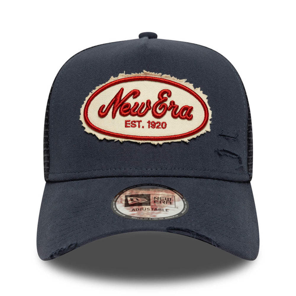 New Era Oval Logo Canvas Distress Navy 9FORTY E-Frame Trucker Snapback Cap